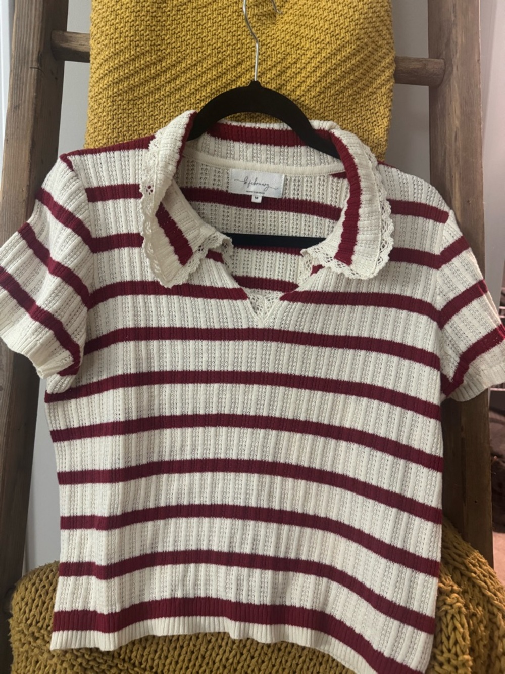 In February Stripped Knit Polo Blouse - White & red with lace collar